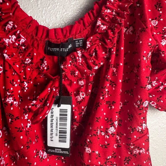 Pretty Little Thing Womens Off-shoulder Red Floral Ruffle Ruched Front Top Sz 20 - Picture 3 of 8
